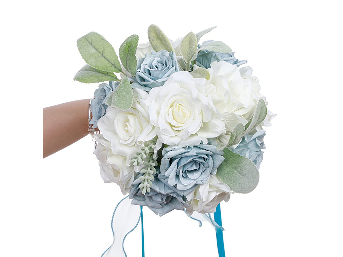 Arranjo de Buquê de Casamento Branco e Azul Claro com Rosas Artificiais LAXISCREED
