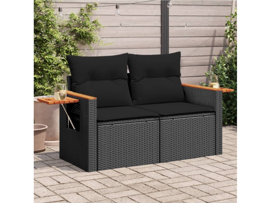 Vidaxl Sofá De Jardim Com Almofadões 2 Lugares Vime Pe Preto