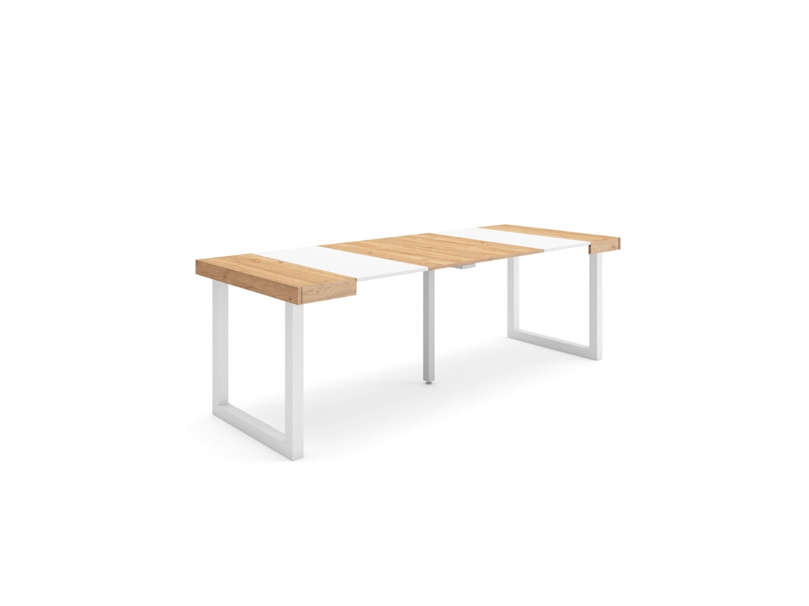 Mesa Consola Extensível, 222x90x77cm, Para 10 Pessoas, Pés De Madeira, Carvalho E Branco