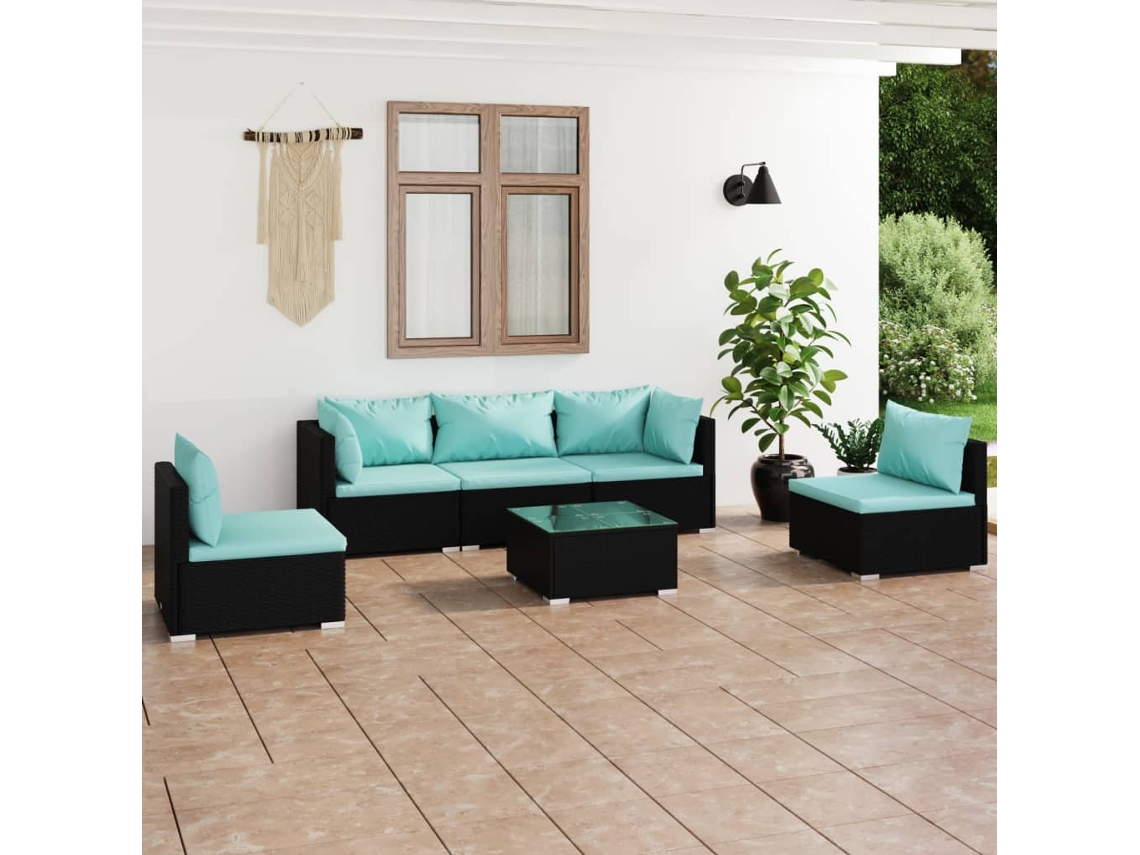 6 Pcs Conjunto Lounge De Jardim C/ Almofadões Vime Pe Preto Dkd Home Decor