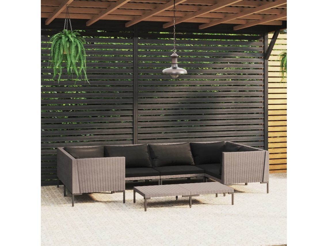 Pcs Conj. Lounge Jardim C/ Almofadões Vime Pe Cinzento Escuro Dkd Home Decor