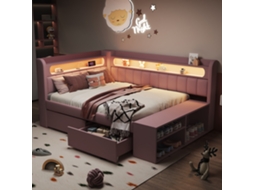Sofá-cama 90x200 Cm Estofado, Usb, Led, Sapateira E 2 Gavetas, Rosa