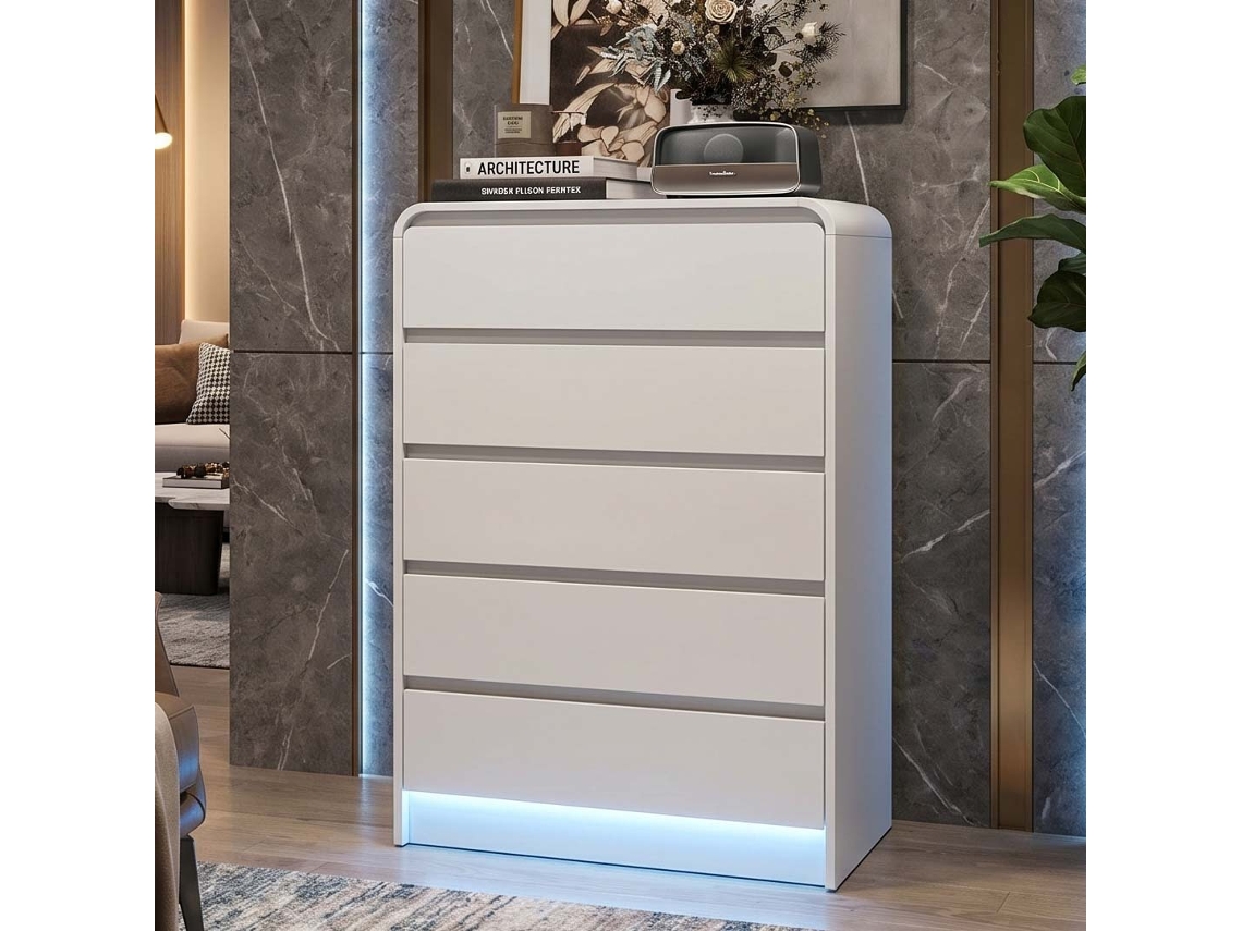 Cómoda de 5 Gavetas em Madeira com Led Rgb, Minimalista, Branco, 110x73x40 Cm LAZYSPACE