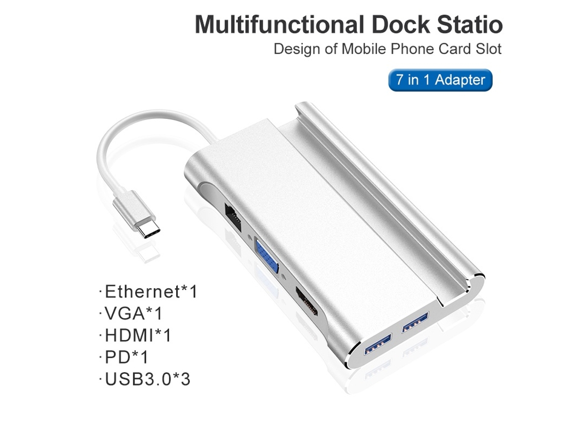 Yizhood 7 em 1 Tipo C Docking Station USB C para HDMI 4K VGA Phone Adapter Suporte USB 3.0 Hub Branco