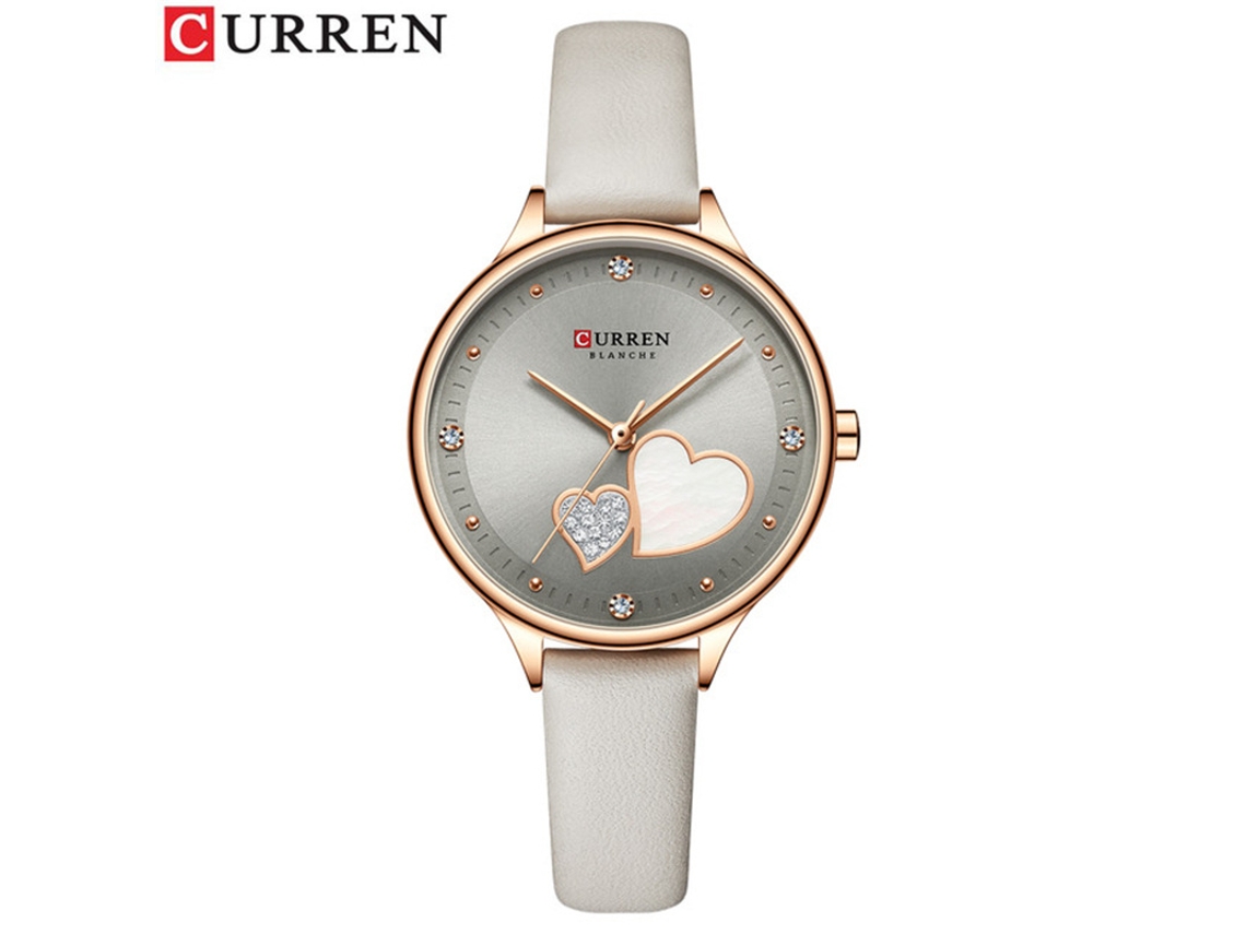 Relógio de Quartzo À Prova D'água com Pulseira de Couro Off white, Strass em Formato de Coração MDUG | MDUG