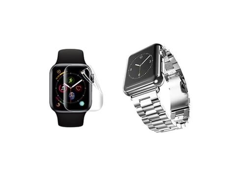 Kit Bracelete de Aço Ferramenta Pelicula de Hydrogel GIFT4ME Compativel com Apple Watch Series 10 42Mm Cinza / Transparente