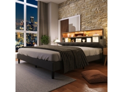 Cama Casal Trançada ZIWEI STORE com Cabeceira com Arrumação e Iluminação Led Cinza sem Colchão (140x200 cm)