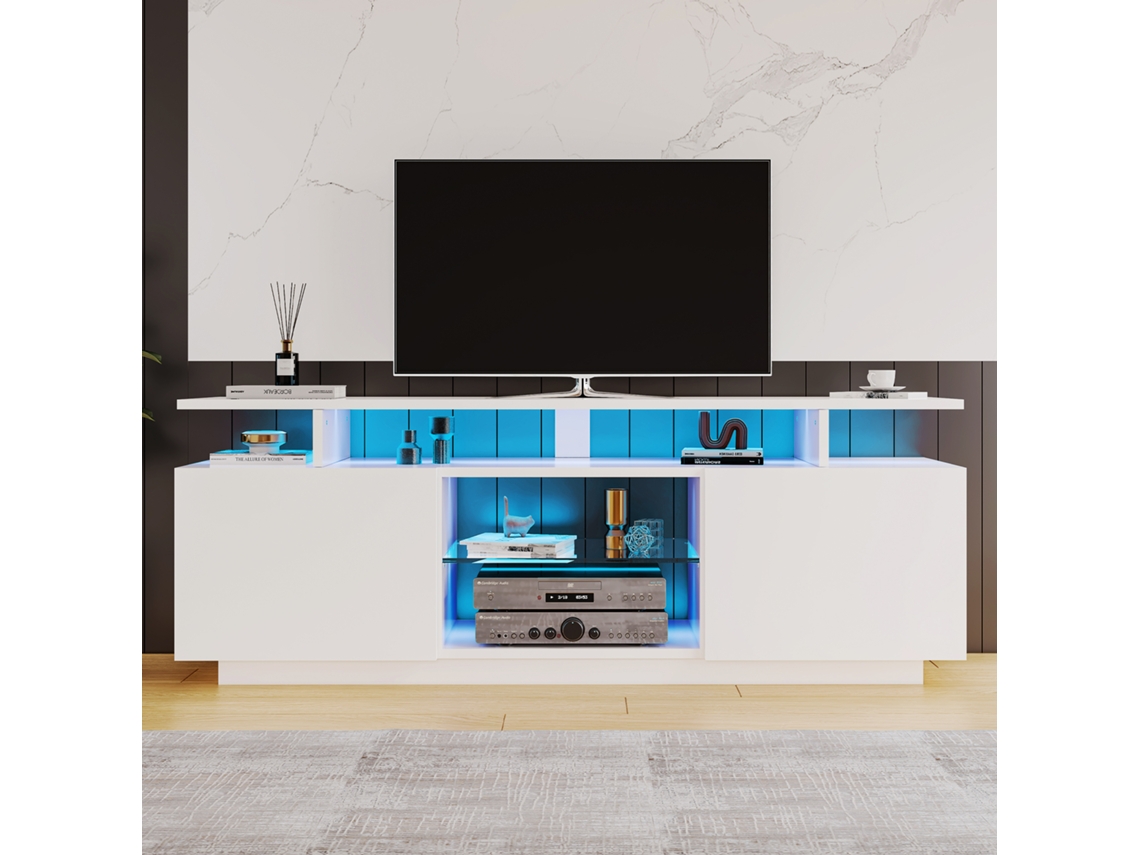 Armário De Tv Branco Com Led 16 Cores 1,4m Para Tvs 60 Móvel Elegante Com Portas Brilhantes E Prateleiras De Vidro Mega Echo Trade Shop