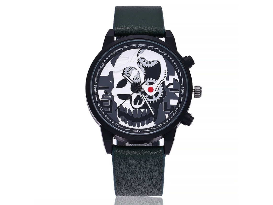 Relógio de Pulso Masculino Vansvar com Design de Crânio e Engrenagem, Quartzo, Pulseira Pu, Verde