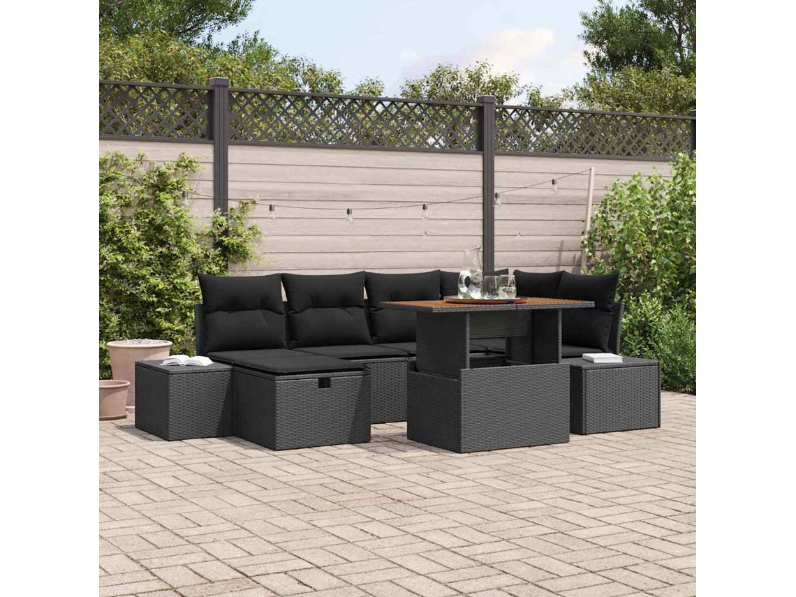 Vidaxl Conjunto De Sofá De Jardim 7 Unid. Preto Vime Pe