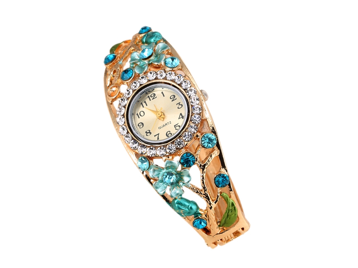 Relógio de Pulseira Feminino de Quartzo com Strass e Padrão Floral em Liga de Alumínio
