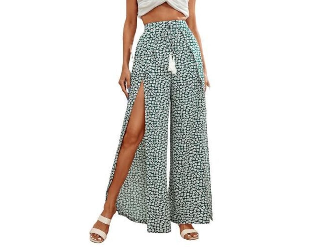 Calça comprida Rebe-Wide com estampa floral boho, cintura elástica e amarração frontal, tamanho XXL, multicolorida verde.