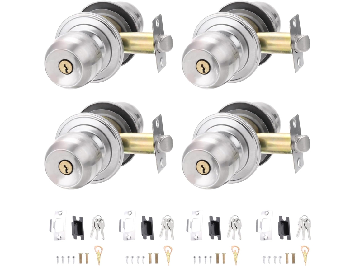 Maçanetas De Porta Patikil Com Chave, Para Interiores, 70mm 2, 8 Polegadas, Pacote Com 4 Unidades, Redondas, Em Aço