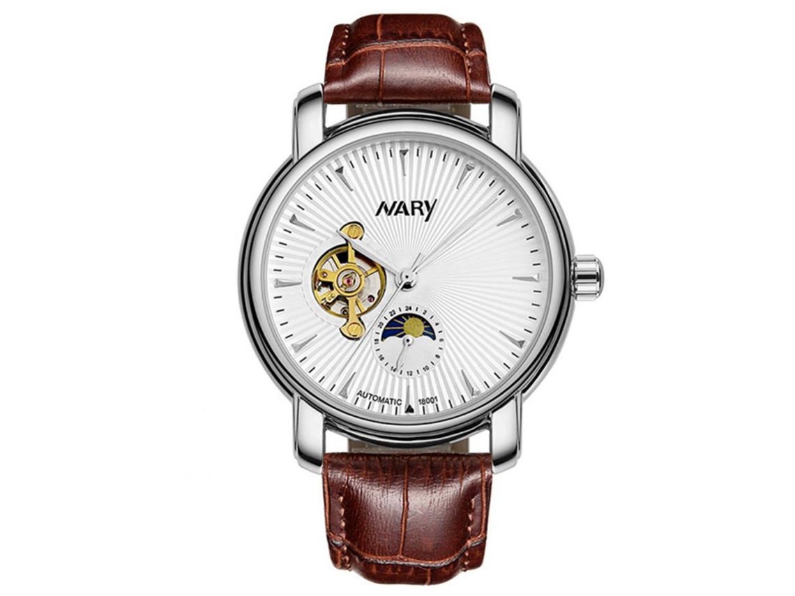 Relógio de pulso masculino analógico mecânico com pulseira redonda de couro.