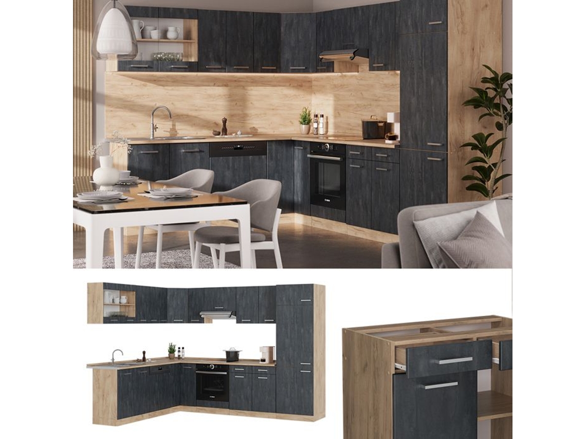 Cozinha de canto R-Line, 227 x 287 cm PT Carvalho, Betão preto/carvalho dourado, Vicco