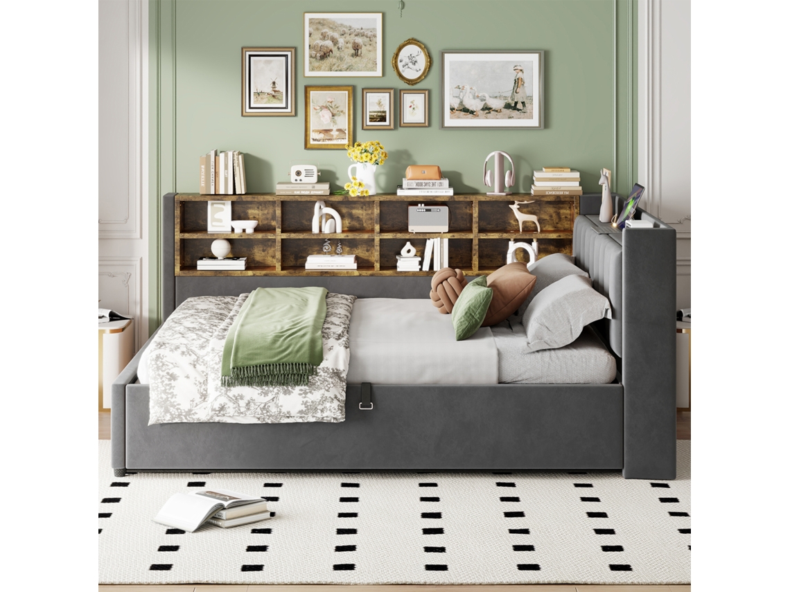 Sofá-cama 140x200 - Com Espaço De Arrumação Hidráulico, Luz Noturna, Tomadas Usb E Tipo C, Com Prateleiras - Cinza Escuro
