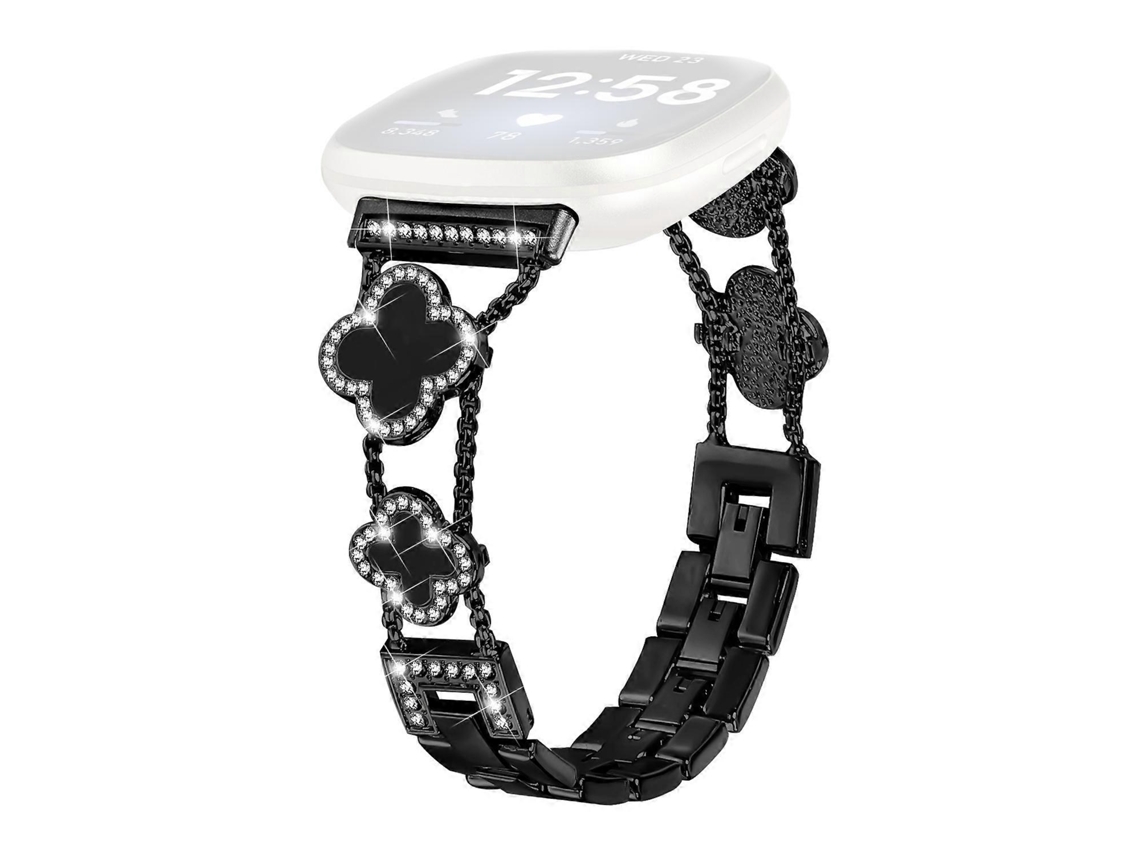 Pulseira De Corrente Clover, Compatível Com Fitbit Versa 3 Sense, Ajustável Liga Zinco, Preta.
