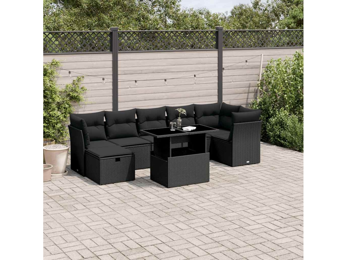 Vidaxl 8 Pcs Conjunto Sofás De Jardim Com Almofadões Vime Pe Preto