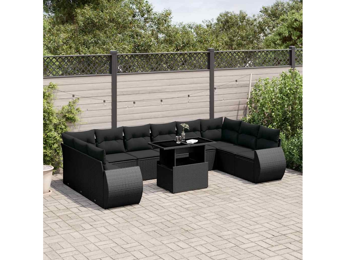 Jogo de Sofá Jardim 11 Peças C/ Almofadões Vime Pe Preto Dkd Home Decor