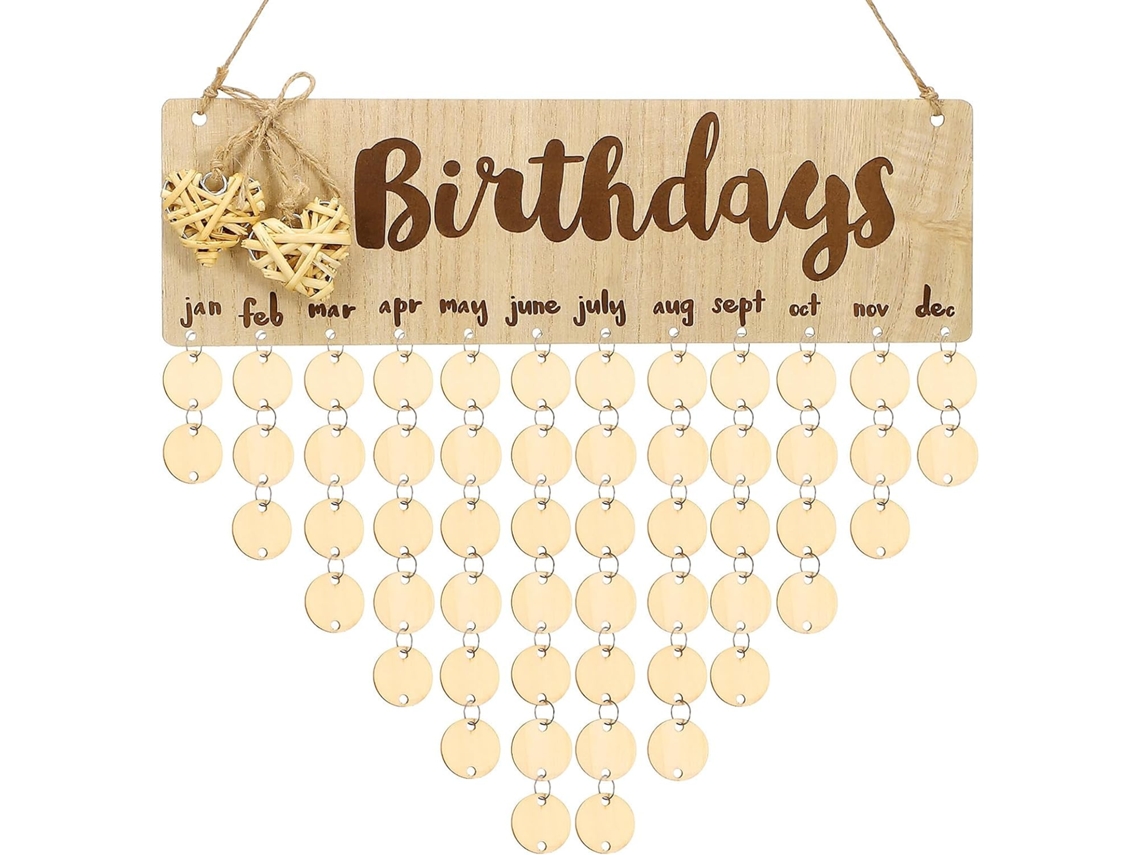 Calendário de Aniversários em Madeira Cáqui com Discos Lembrete e Organização, Ideal para Decoração Casa Festa