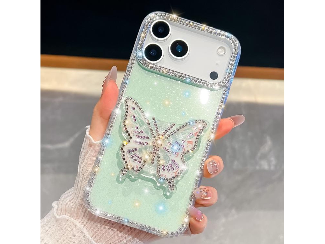 Capa Para Iphone 17 Pro Max Com Suporte Em Forma De Borboleta Com Glitter De Diamante.