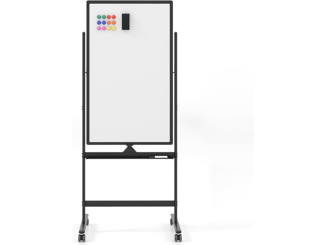 Quadro de Apagar a Seco Magnético Móvel Dupla Face Suporte com Rodízios Bloqueáveis Rotação de 360° Ajustável em Altura Quadro Branco COSTWAY