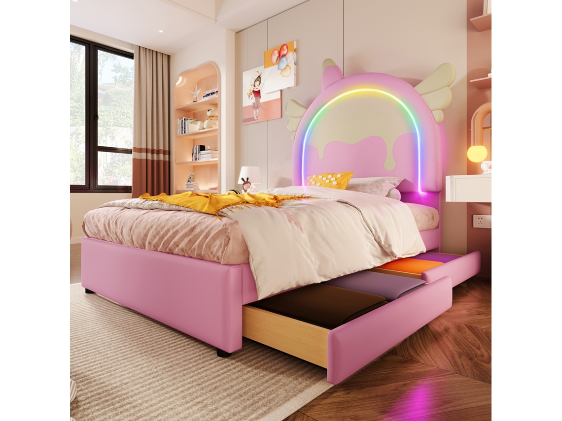 Cama Estofada, 90 X 200 Cm, Sem Colchão, Com Faixa Clara, Cama Com 2 Gavetas, Formato De Unicórnio, Pu, Rosa-op