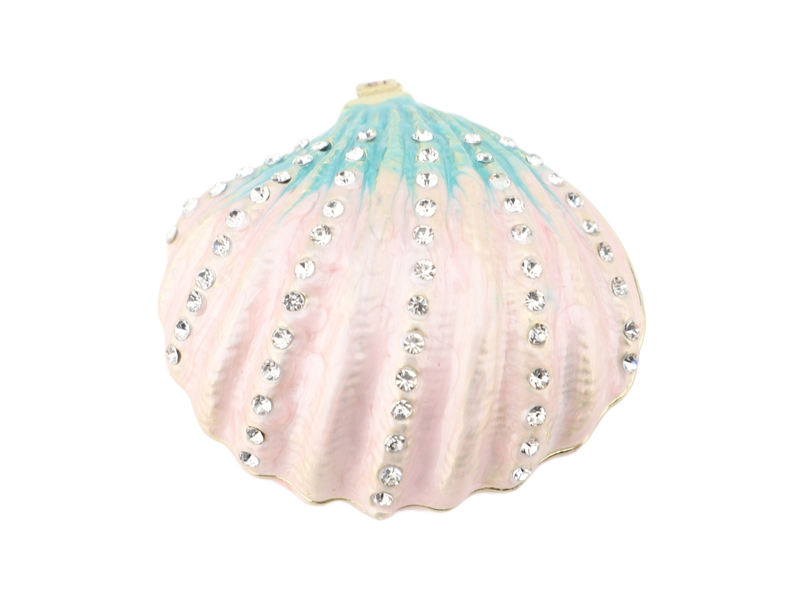Caixa De Acessórios De Conchas Marítimas Antiga Com Fecho Esmalte Rosa Branco