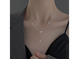 Colar com Pingente de Laço e Borla em Prata de Lei S925 , Design Luxuoso e Discreto, Gargantilha Sofisticada. MDUG (ouro Branco)