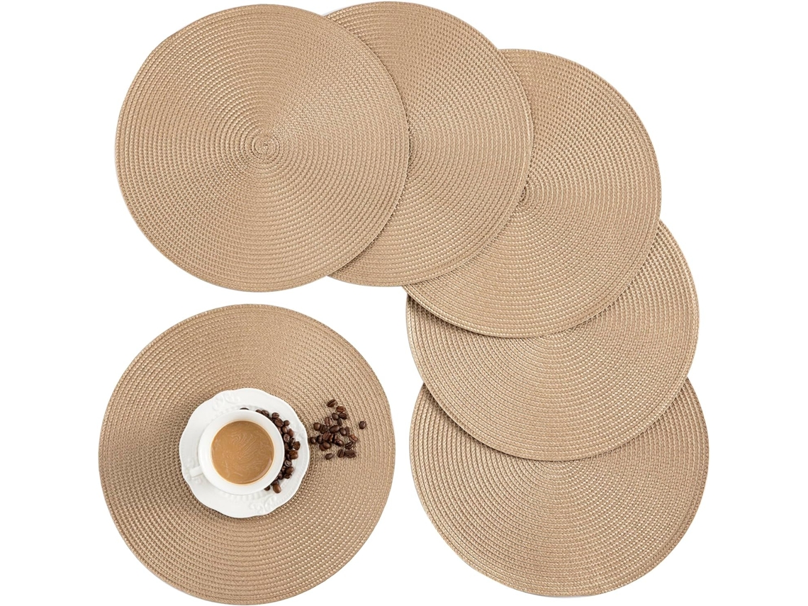 Conjunto 6 Bases De Mesa Redondas - Jogos Americanos Tecidos Isolantes Térmicos - Antideslizante 38 Cm Castanho Claro