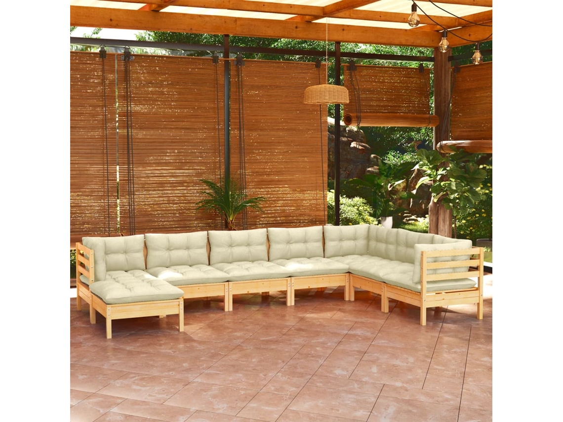 Vidaxl 8 Pcs Conjunto Lounge Jardim C/ Almofadões Creme Pinho Maciço