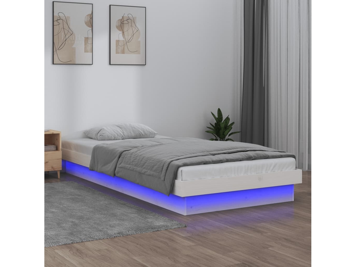 Estrutura De Cama C/ Luzes Leds 100x200cm Madeira Maciça Branco
