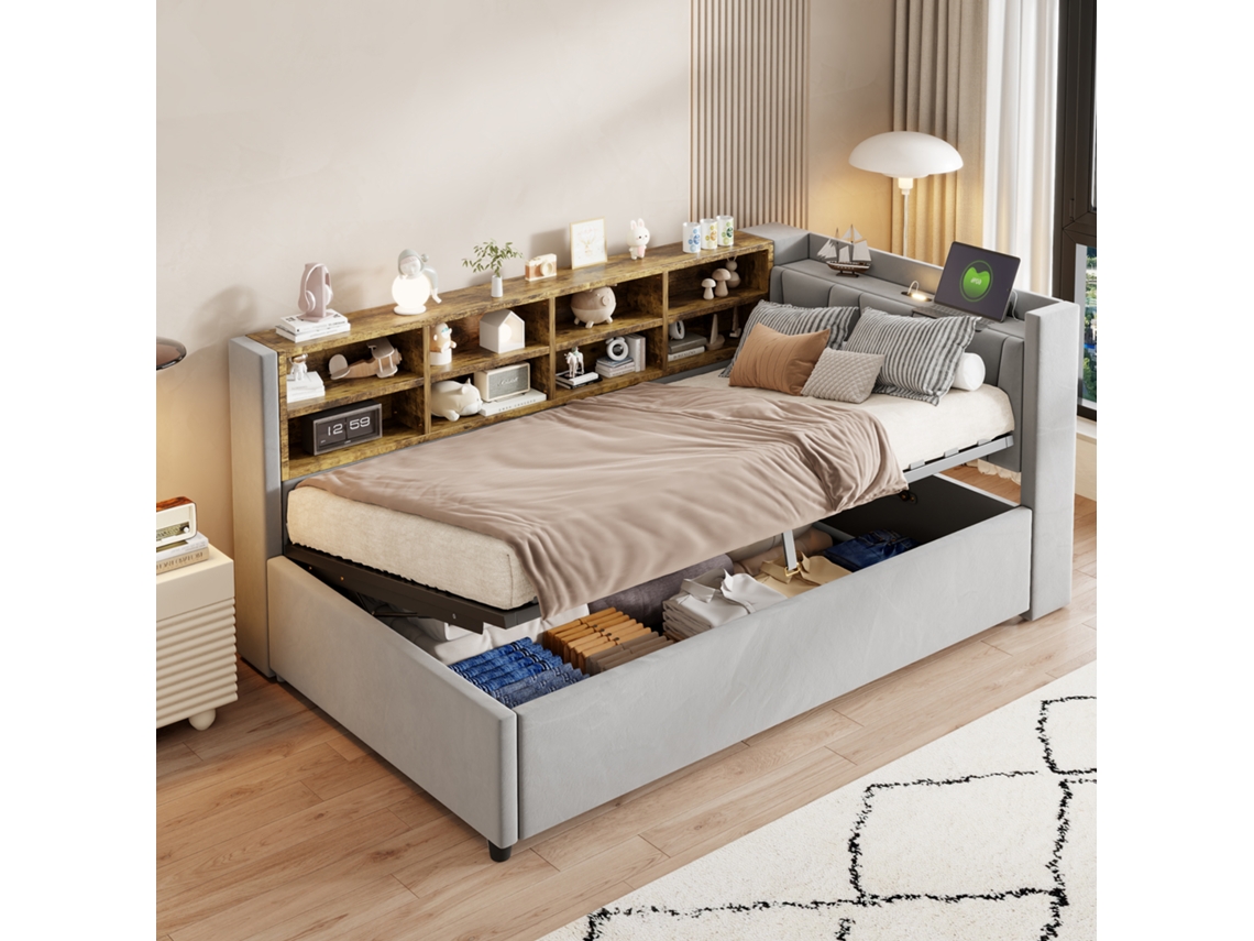 Sofá Cama 90x200cm Com Armazenagem Luz Usb Tipo-c Hellgrau