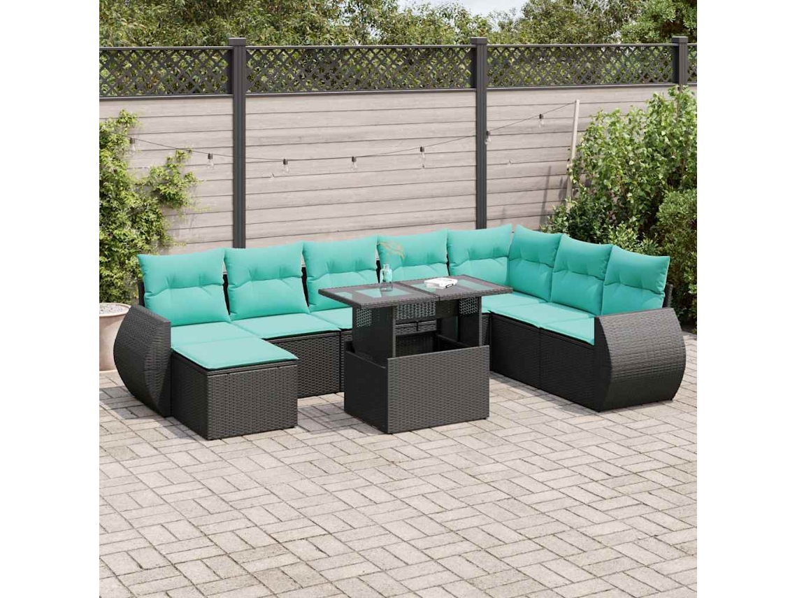 Vidaxl 9 Pcs Conjunto Sofás Jardim C/ Almofadões Vime Pe/acácia Preto
