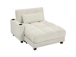 Sofá cama com almofadas de espuma, conversível em cama, porta copos, branco creme ZACHARY