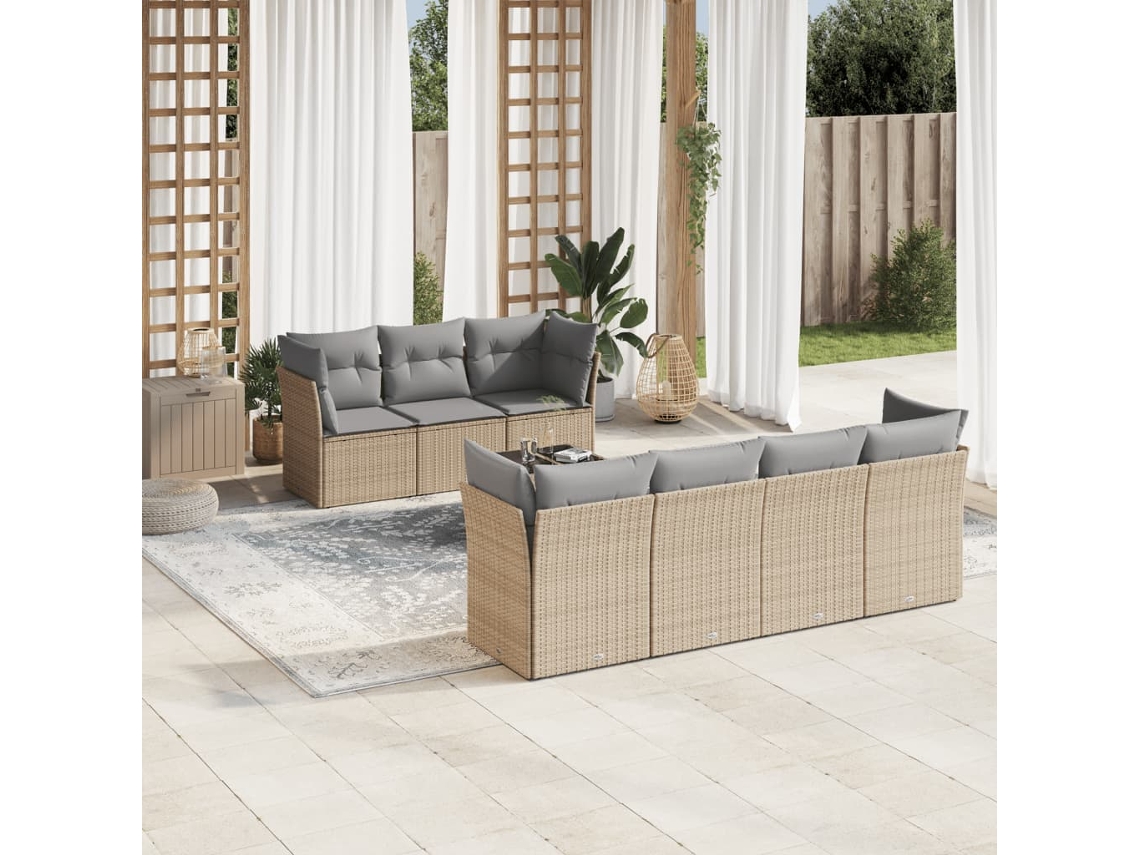 Vidaxl 8 Pcs Conjunto De Sofás P/ Jardim Com Almofadões Vime Pe Bege