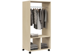 Guarda roupas BTFORUS com rodízios, cabideiro, prateleiras, 60x40x128cm, natural