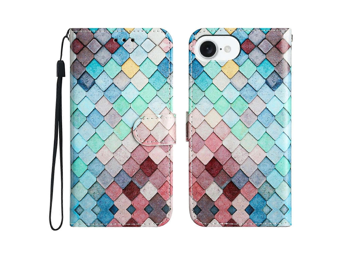 Capa Tipo Carteira Para Iphone 16e Com Estampa De Couro E Grades
