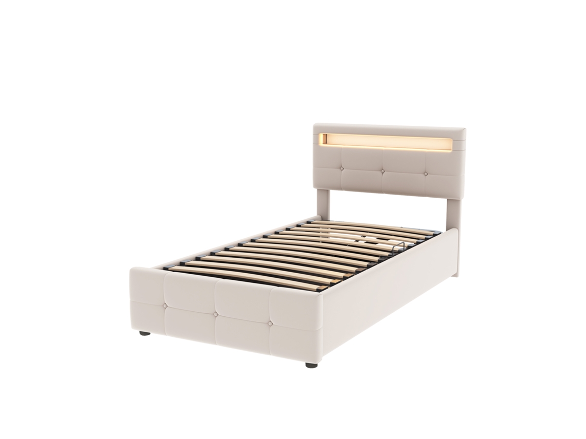 Cama Infantil Estofada 90x200 Cm com Led,arrumação Hidráulica,cabeceira Ajustável,solteiro Alta,tecido Aveludado Bege PAPRIKA