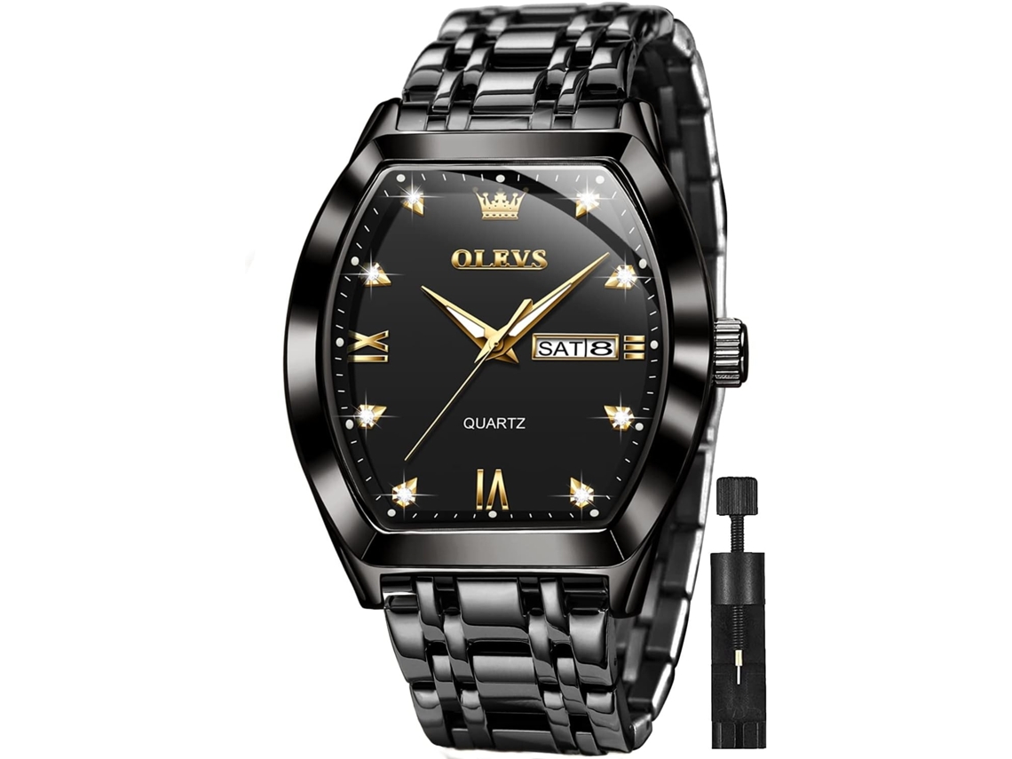 Lurelia Relógio Masculino, Movimento De Quartzo, Analógico, Data/calendário, Luminoso, Detalhes Com Strass, Aço Inoxidável, Preto