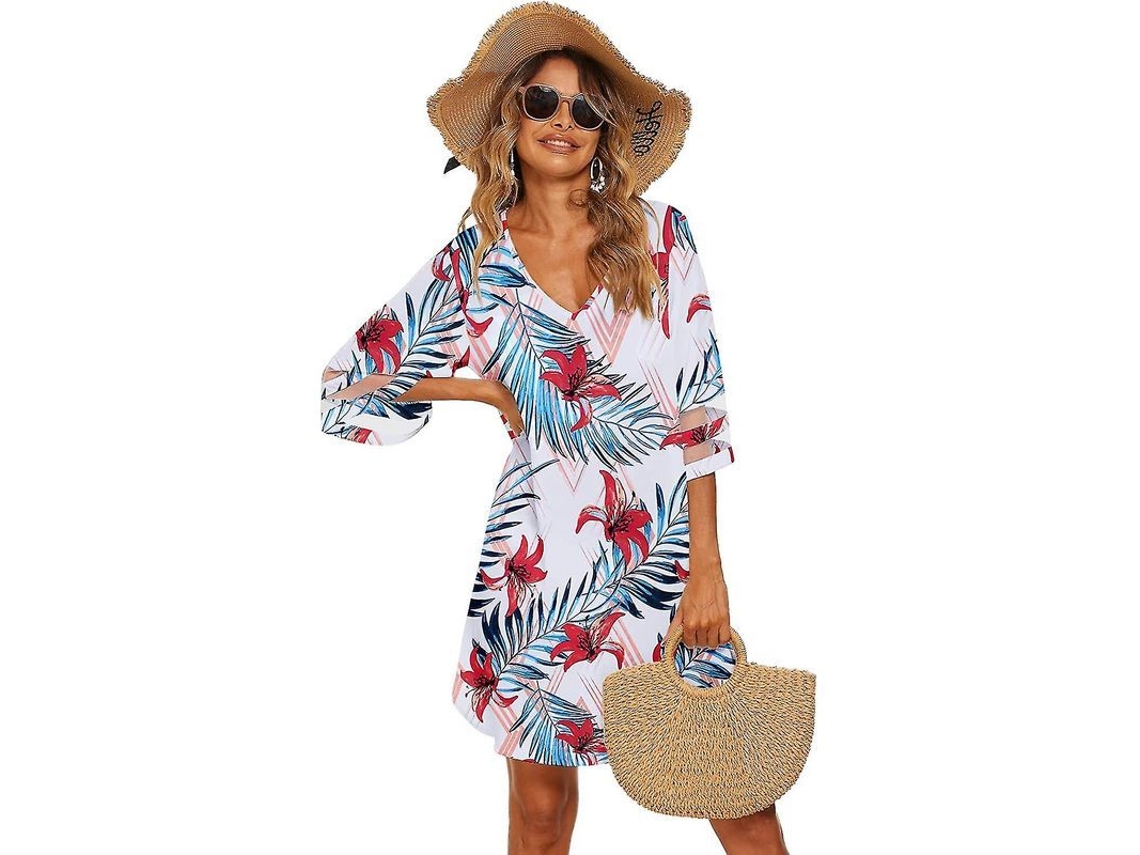 2026 vestido de Praia Casual para Mulher com Gola V e Manga 3/4, Tapadera de Bikini Solta e Leve de Verão