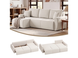 Sofá-cama Com Chaise Longue Reversível, De 3 Lugares Em Formato De L Com Estofamento Em Veludo, Branco Creme.