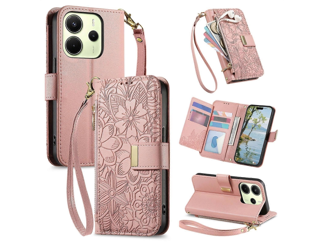 Capa Carteira De Couro Com Zíper, Estampa De Flores E Folhas, Com Alça, Para Redmi Note 14 4g (163,25 Mm).