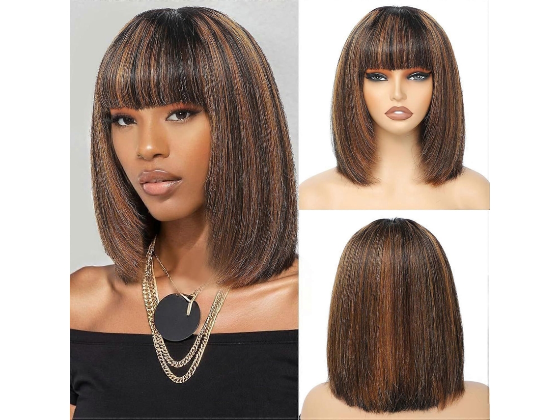 Peruca com Franja, Cabelo Humano 1b/30 com Mechas, Peruca Curta de Cabelo Humano para Negras. TAISHENGDA