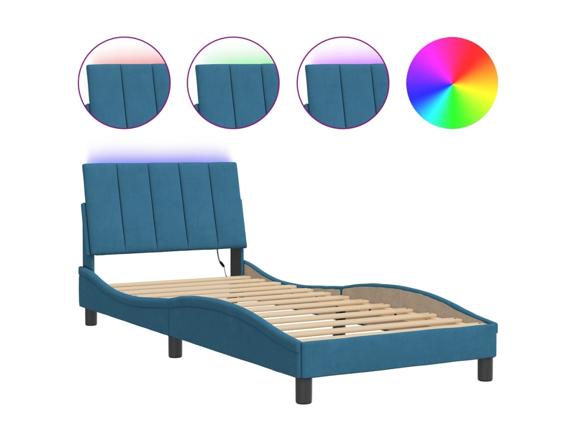 Estrutura de Cama com Led Sem Colchão Hanko Veludo Azul (90x200 cm)