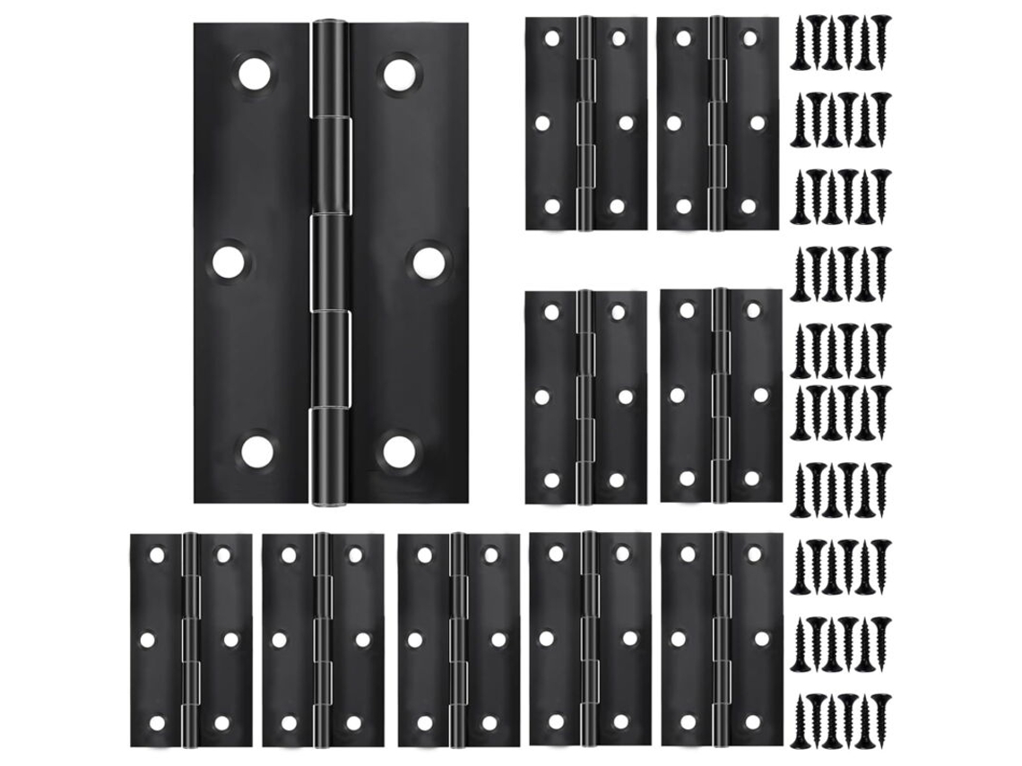 10 Dobradiças Pretas Foscas De 75,5 Mm Com 60 Parafusos Para Portas, Janelas, Gavetas E Armários De Madeira