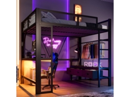 Cama Alta 140x200 Cm - Metal, Secretária, Led, Usb, Armário Aberto E 3 Gavetas - Preto