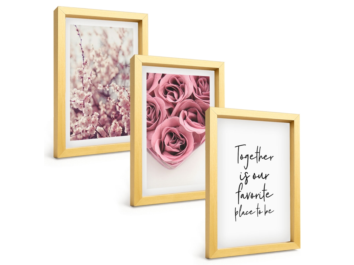 Galeria De Pinturas Muraisbuquês De Rosas Com Inscrições Moldura Dourada Fotos Para O Escritório Espelharte (3 Peças 20x30 Cm)