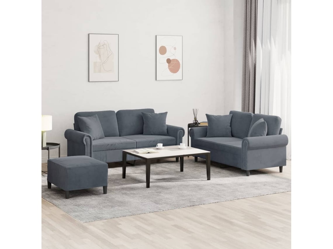 Conjunto 3 Pcs de Sofás com Almofadas Veludo Cinzento-Escuro PANGSHIYUAN