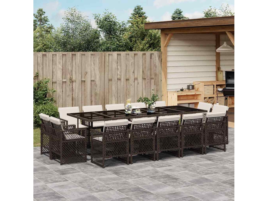 Vidaxl 15 Pcs Conjunto Jantar P/ Jardim C/ Almofadões Vime Pe Castanho